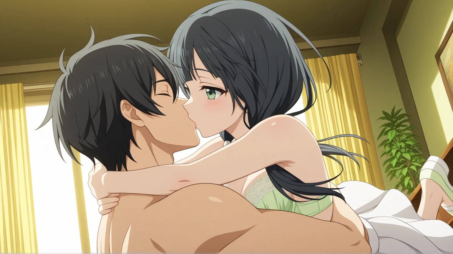 A naked middle-aged man is standing and embracing and forcibly kissing a naked cute girl with modest pubic hair and a black bob who is crying and struggling to escape with her eyes wide open in disgust、classroom
