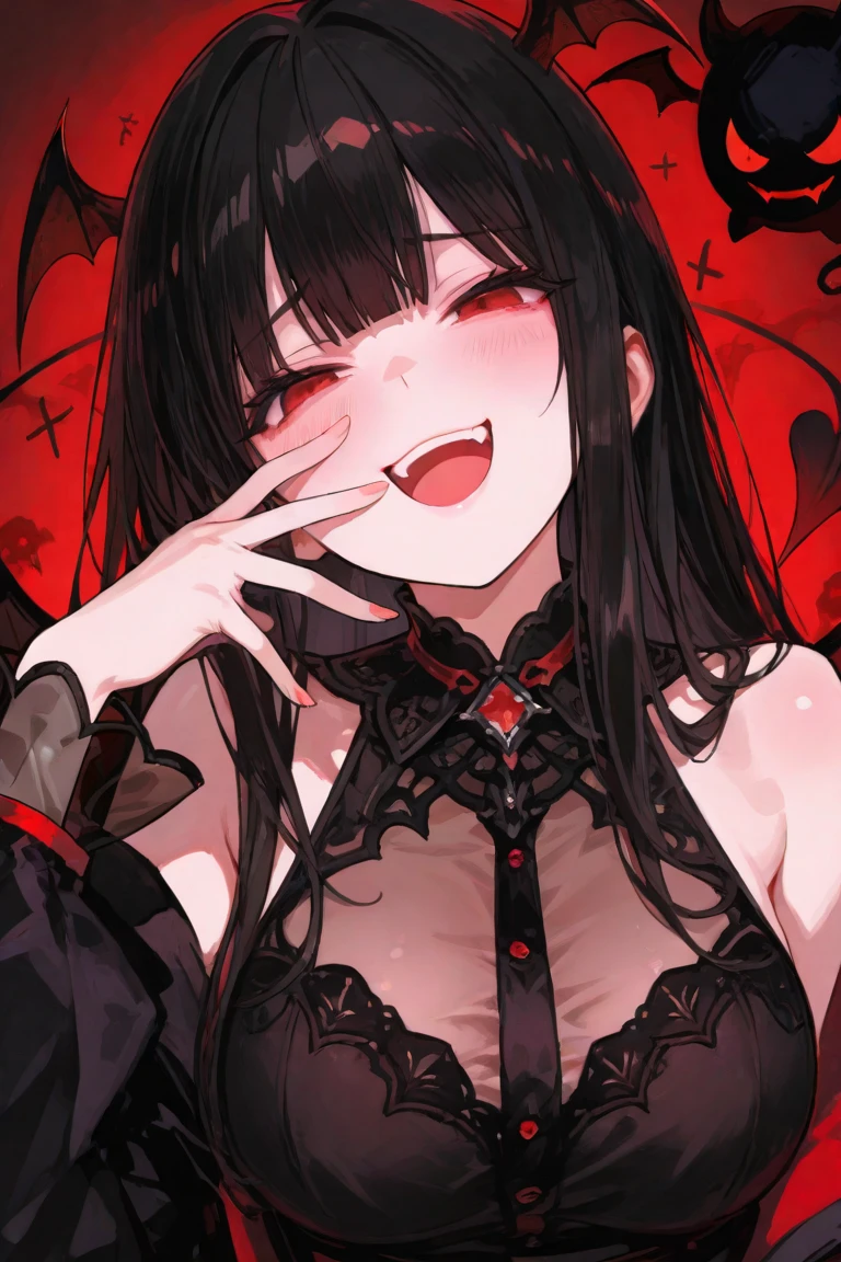 devil、Highest quality、Black Hair、Red Eye、masterpiece、Very detailed、Black Dress、((devilの角))、Double teeth、Looking at this