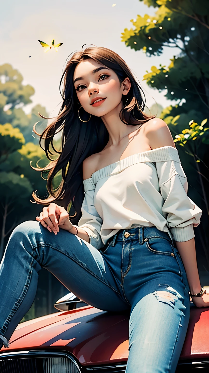 ((masterpiece, Best quality, a high resolution, ultra detailed),(beautiful and aesthetically pleasing:1.2), 1 woman, adult, perfect body, Wavy dark hair, green eyes, high short ponytail, Beautiful, Detailed eyes and face, long oversized shirt, skinny jeans, Converse sneakers, golden hour, Field of Flowers, complex parts, full body