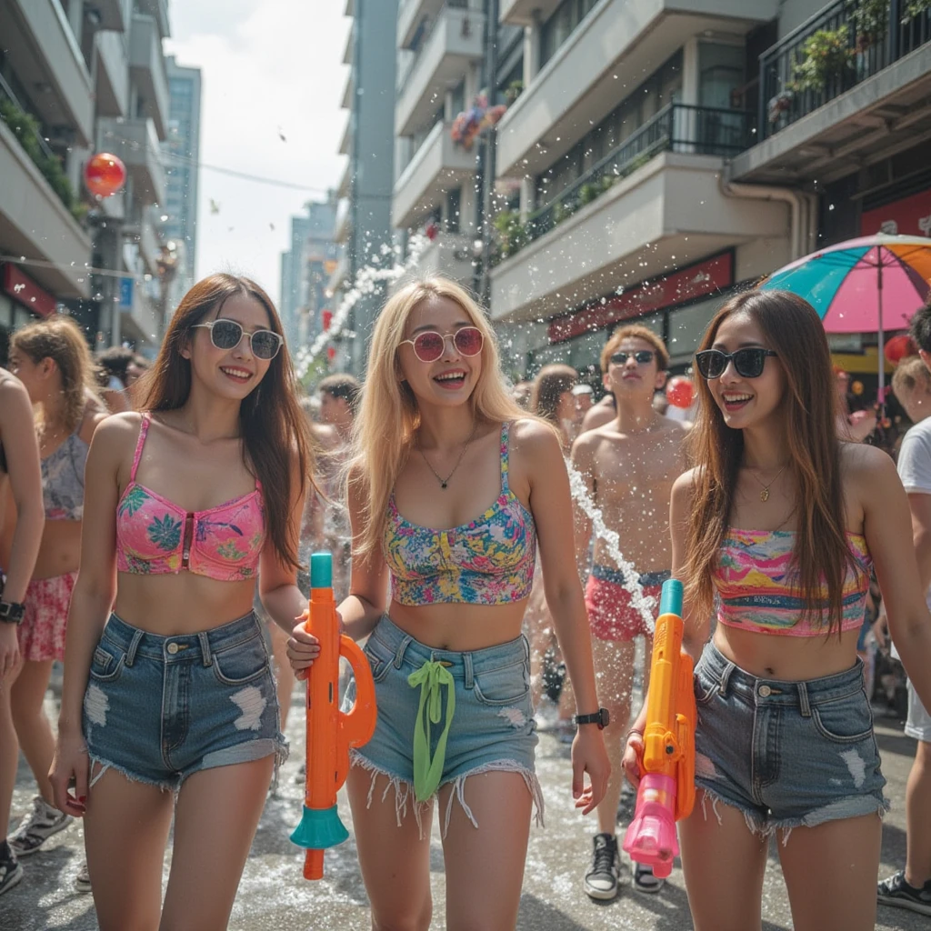 running on the road, gyaru, dark-skinned, (shiny oiled skin:1.2), smiling, wearing bikini, thick fog, sony a7, film grain, sunshine, Photorealistic, one-point perspective, 32K, diffuse reflection, colorful shiny particles, Lens Flare, soft lighting, running