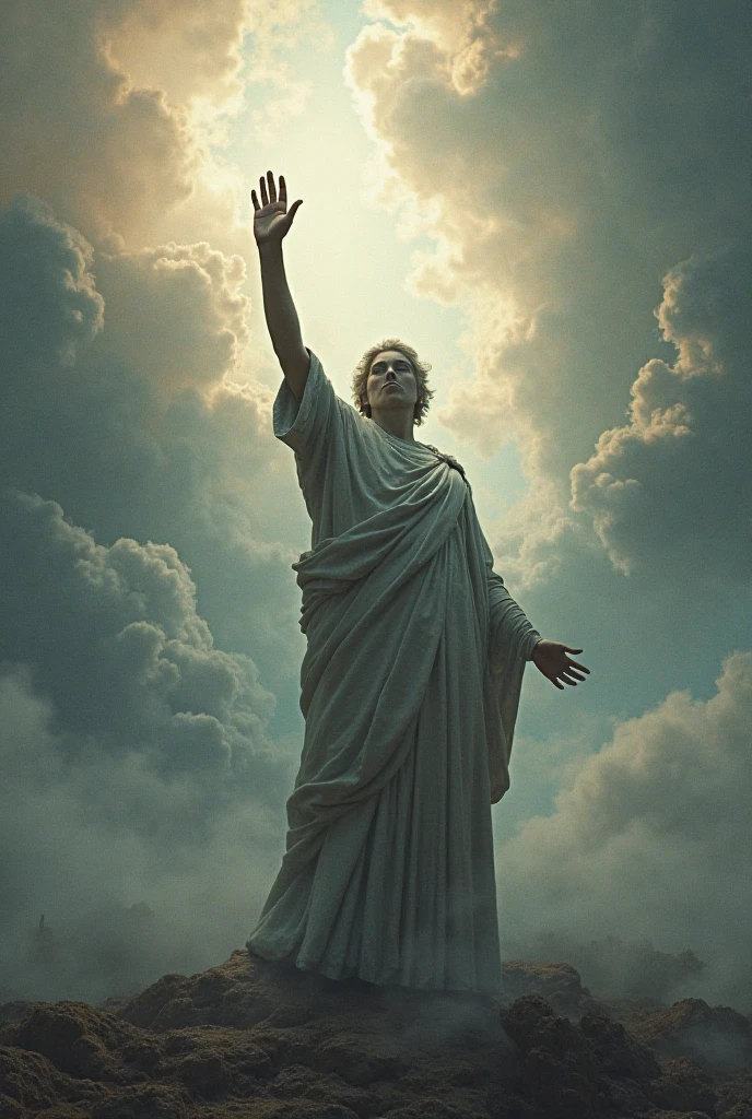 A greek Stoic Philosopher Statue, Muscular, 8k, Full body, clear HD Face and Body, long angle, looking to the night sky, Raising two hand with faith, Night sky Background, big star in sky,Huge falling Star in Sky,Cinematic