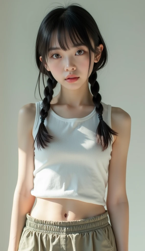 Realistic photos of (1 cute girl) single braid, thin makeup, 32 inch breasts size, wearing tank top and shorts jeans, sitting in front of the university, upper body portrait, cinematic lightning, UHD