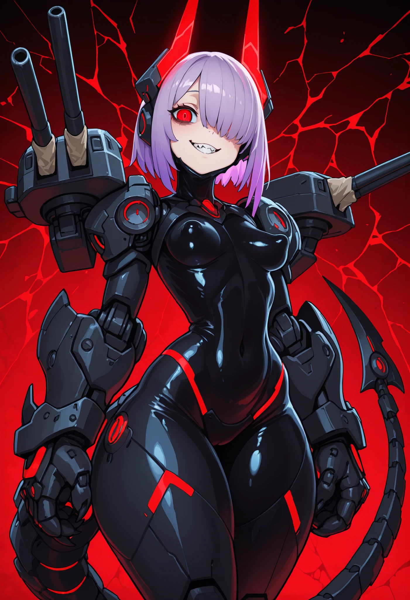 Mechanical weapon girl. Lavender hair. One eye covered. Glowing red eyes. Sleepy eyes. Smiling. Latex covering the chin and cheeks. Black and red image colors. Sci-fi style. Perky breasts. Thick thighs. Slim waist. Mechanical tail. Blade on the tail. Mechanical hands. Big hands. Sharp claws. Turret on shoulder. Main gun. Biological machine. Cracked background.