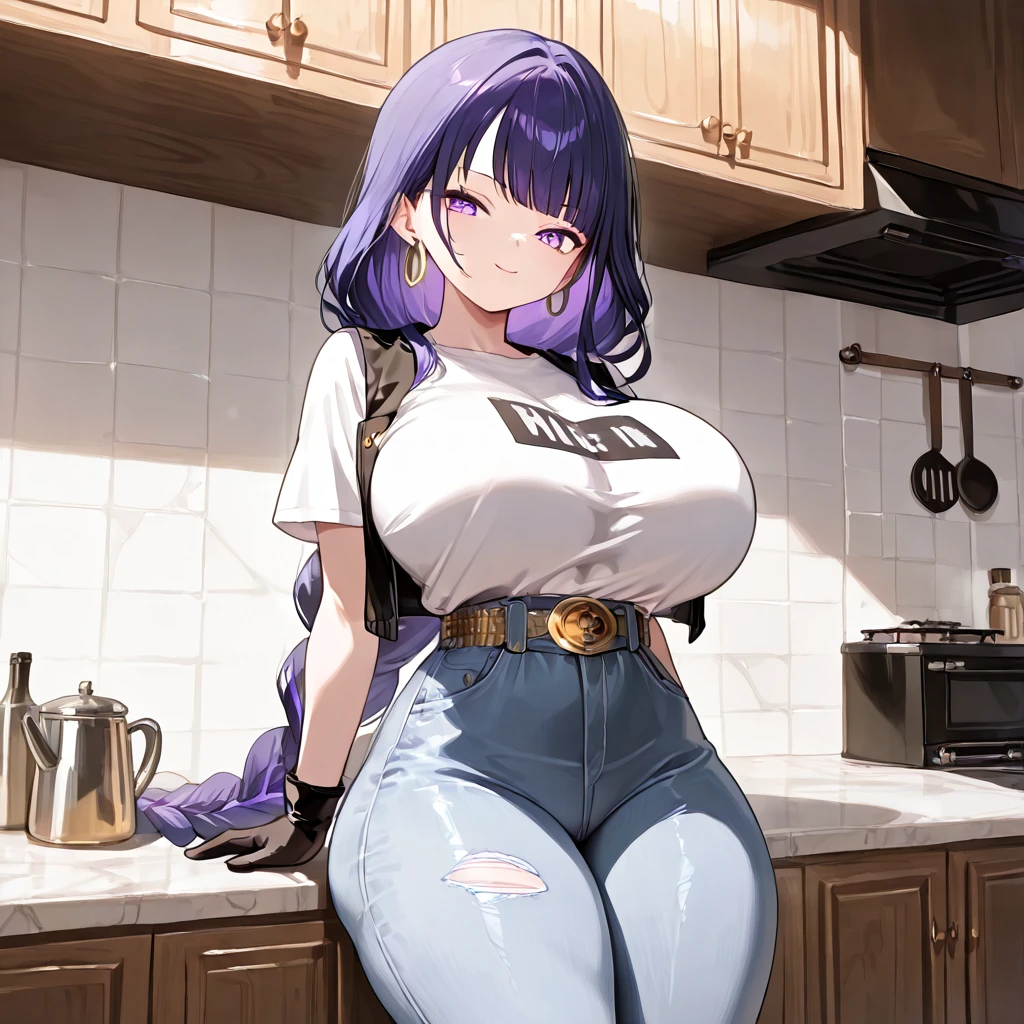 (8K, best quality:1.2), (masterpiece:1.20), (photo, photorealistic:1.20), (ultrahigh-res), (Realisme), (Huge grin on her face), (Lifted eyebrow), MIlf with long Violet/purple coloured hair, purple eye color, sharp eye shape, evil smirk, big grin, soft lips, huge chest , (High quality eyes), (super smug face), Mother, MILF, wearing a blue sweater that is tight around the chest due to her massive breasts, wearing a pair of tight blue jeans that make her hips look thicc, she has one blue crystal earing in her right ear, she is smirking at the camera as if she is hiding something, (Facing the camera), (BG: Kitchen standing in front of a kitchen counter), (Wide smug grin)