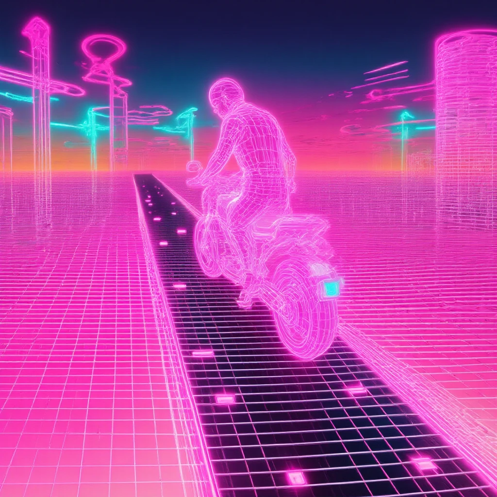 bright vaporwave-style dean rides along a non-existent black road, the road appears from pink bricks in front of it
