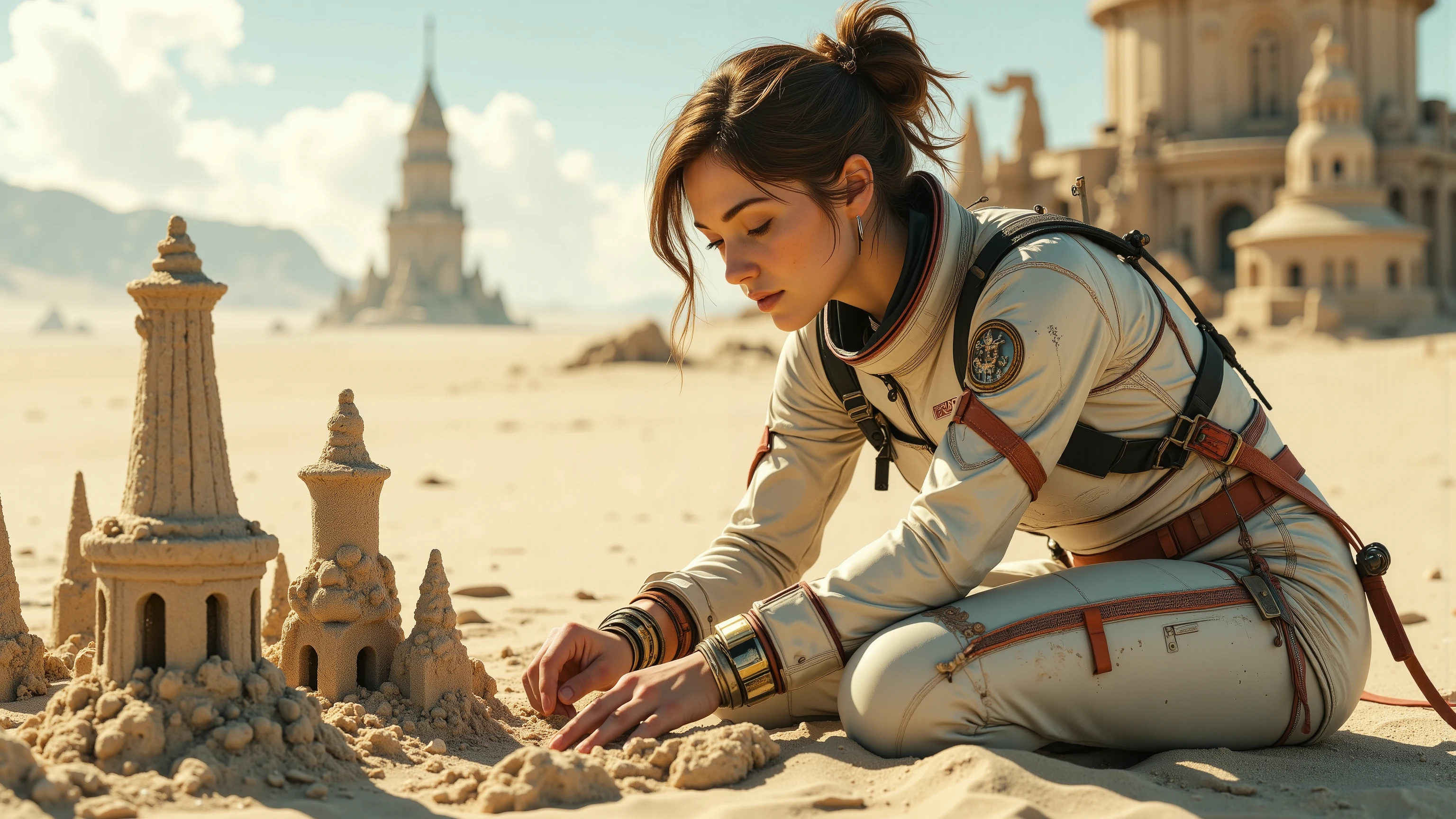 A young woman in a futuristic space suit, kneeling on a sandy planet, building intricate sandcastles with a serene expression. The scene is framed mid-shot, with the vast, barren landscape of the planet in the background. Soft, diffused lighting highlights the details of her suit and the sandcastles. The composition centres on her hands as she carefully shapes the sand, with a sense of tranquillity and focus. extremely detailed realistic natural skin with skin pores, perfect face, highly detailed face and lips, ray tracing, UHD, HDR, 16k, DSLR, masterpiece, photorealistic, award-winning