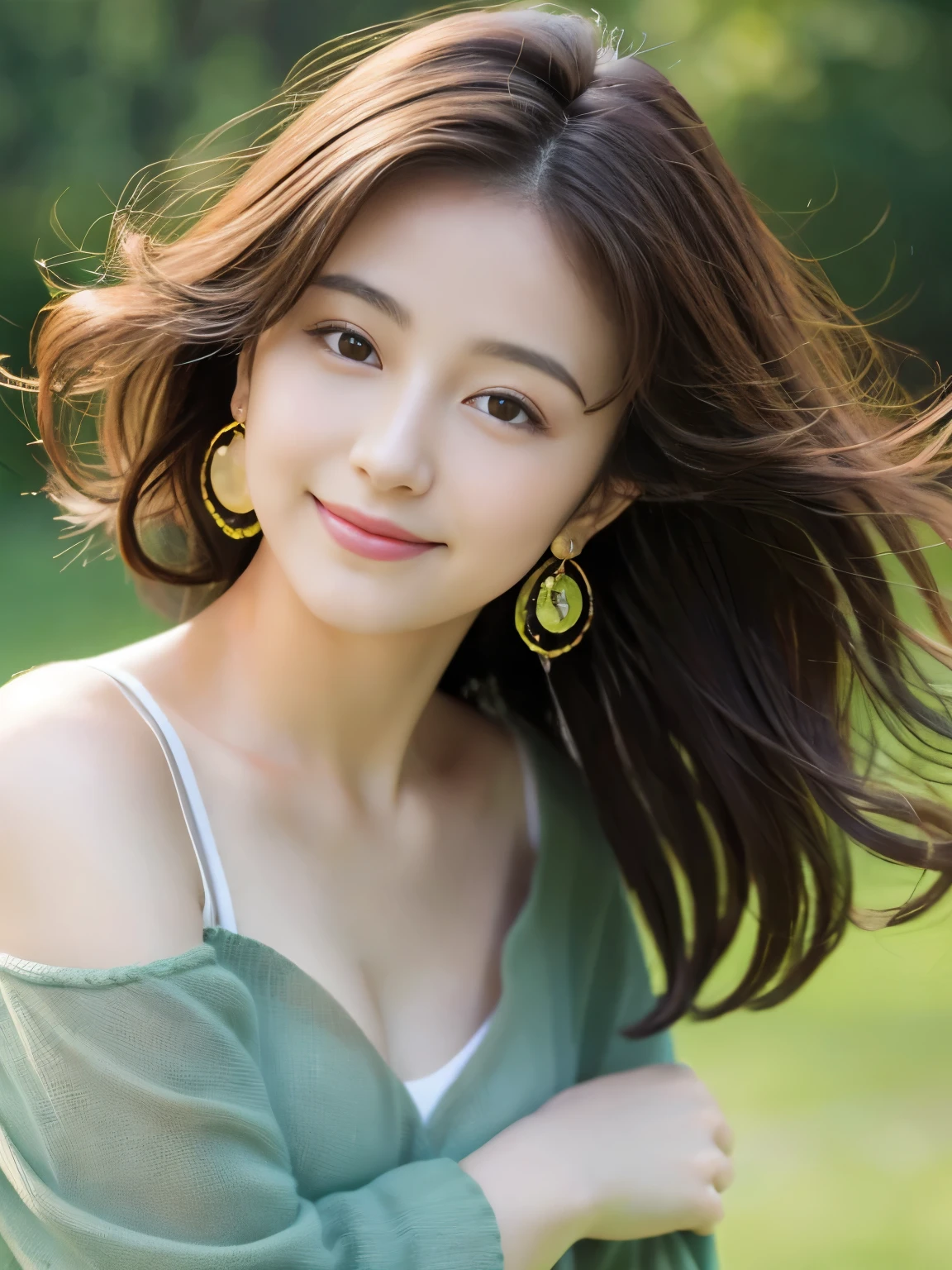 (Highest quality,8k,Overwhelmingly beautiful:1.2)、(Cute Japanese Girl:1.8、The perfect gravure idol),(Big Tits),With Dandelion、Green World、spring breeze、