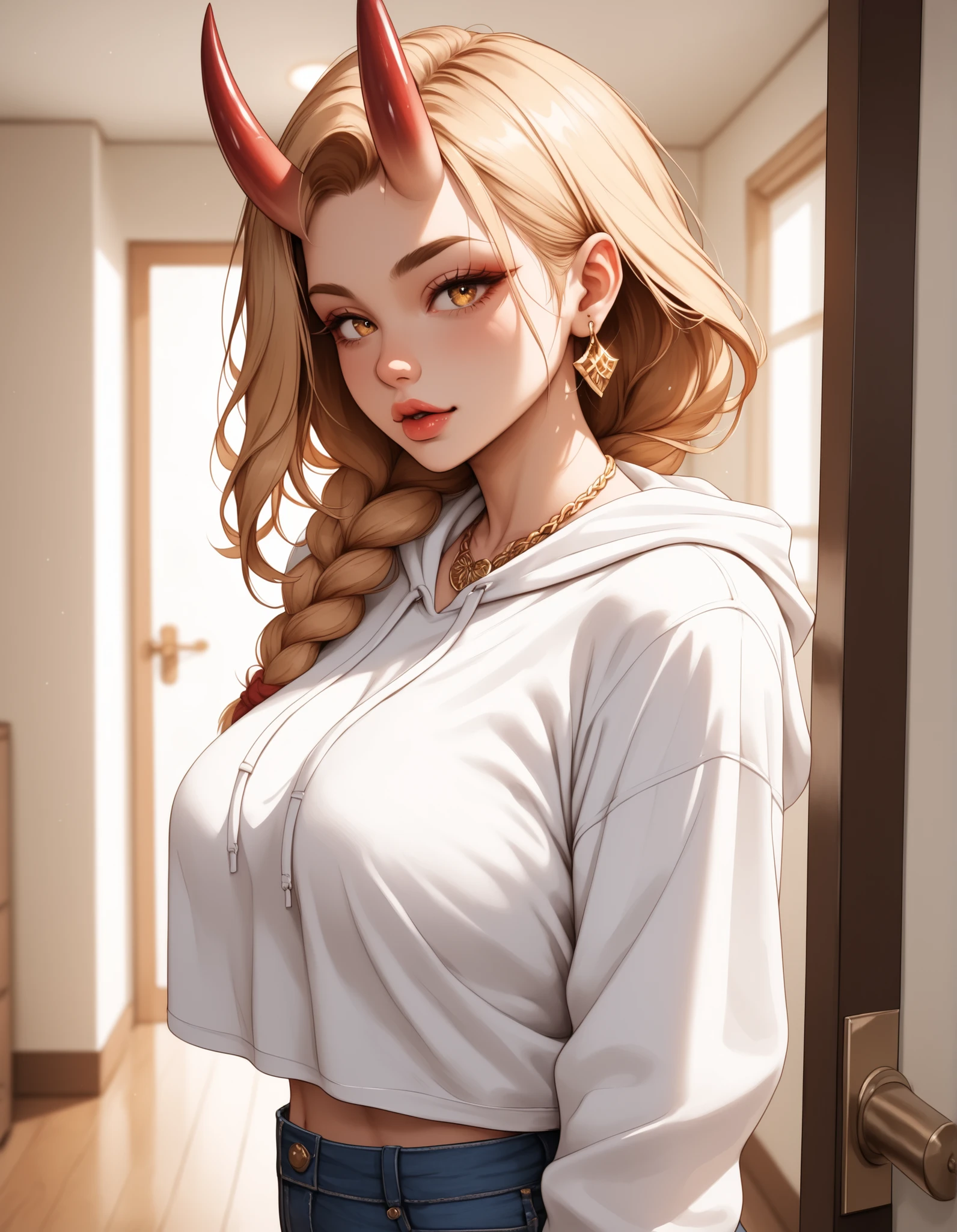dormitory_hallway, open_door, moody_city_lighting, soft_focus, depth_of_field, sparkling_hair, glitter_hair, (realistic), high_quality, detail_focused, 1girl, solo, solo_focus, (detailed_face:1.3), (sharp jawline), (high nose bridge:1.2), full lips, soft skin, refined cheekbones, glowing_skin, arched eyebrows, visible philtrum, upper_body, standing_in_doorway, from_side, (cowboy_shot), arms_infront, busty, covered_breasts, strong_jaw, plush_lips, fair_skin, female_oni, oni, oni_horns, gold_eyes, (hair_between_eyes), flowing_hair, hair_in_braid, long_hair, (blond_hair:1.2), sidelocks, covered_forehead, maroon_finger_nails, piercings, necklace, stone_necklace, gold_ring_sleeves, crop_top, hoodie, jeans, slightly_open_door, dorm_room_light_glow, (score_9), (score_8_up), (score_7_up), (Watercolor), (cinematic lighting), (volumetric_light), rim light, soft shadows, ((forced_perspective)), (Diminishing scale perspective:1.3), (lora:Yandere Queen:0.85), (lora:SDXL high detailed. LoRA_SDXL_ARW_0010:0.75), (lora:Waifu Eyes:0.5), (lora:NKxXmo's Shaded Face:0.5), (lora:NoobAI-XL Detailer:0.6), (lora:Detail Tweaker:0.65)