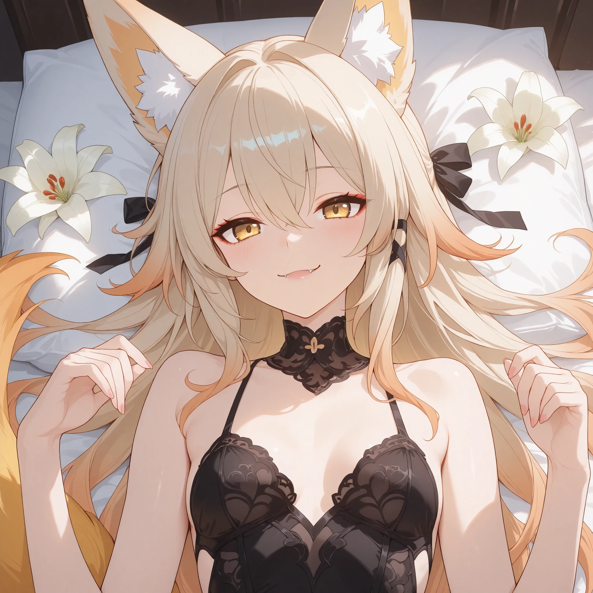 Fox girl, pale blonde hair, Renard, Fox tail, collar, Beautiful, Long Hair, rosy gradient on hair, cat eyeliner, Golden Eyes, small breasts, garter, black lace dress, cheeky, hair ribbon, white lily on hair, alluring, teasing, playful, playful, sexy, cunning, rosy gradient hair, sexy expression, sexy smile, fox fangs, lying on bed