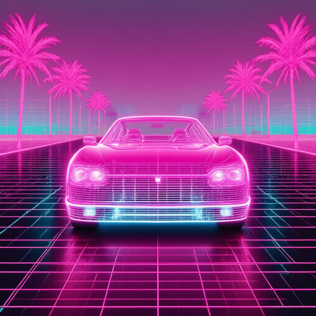 a bright dean car in the vaporwave style is driving on a non-existent black road, the road appears from pink bricks in front of it