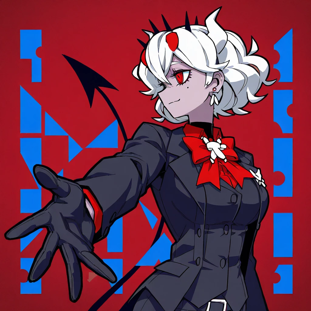 ((blacksuit), (Red lining),(short  skirt)), standing on your feet, White background,