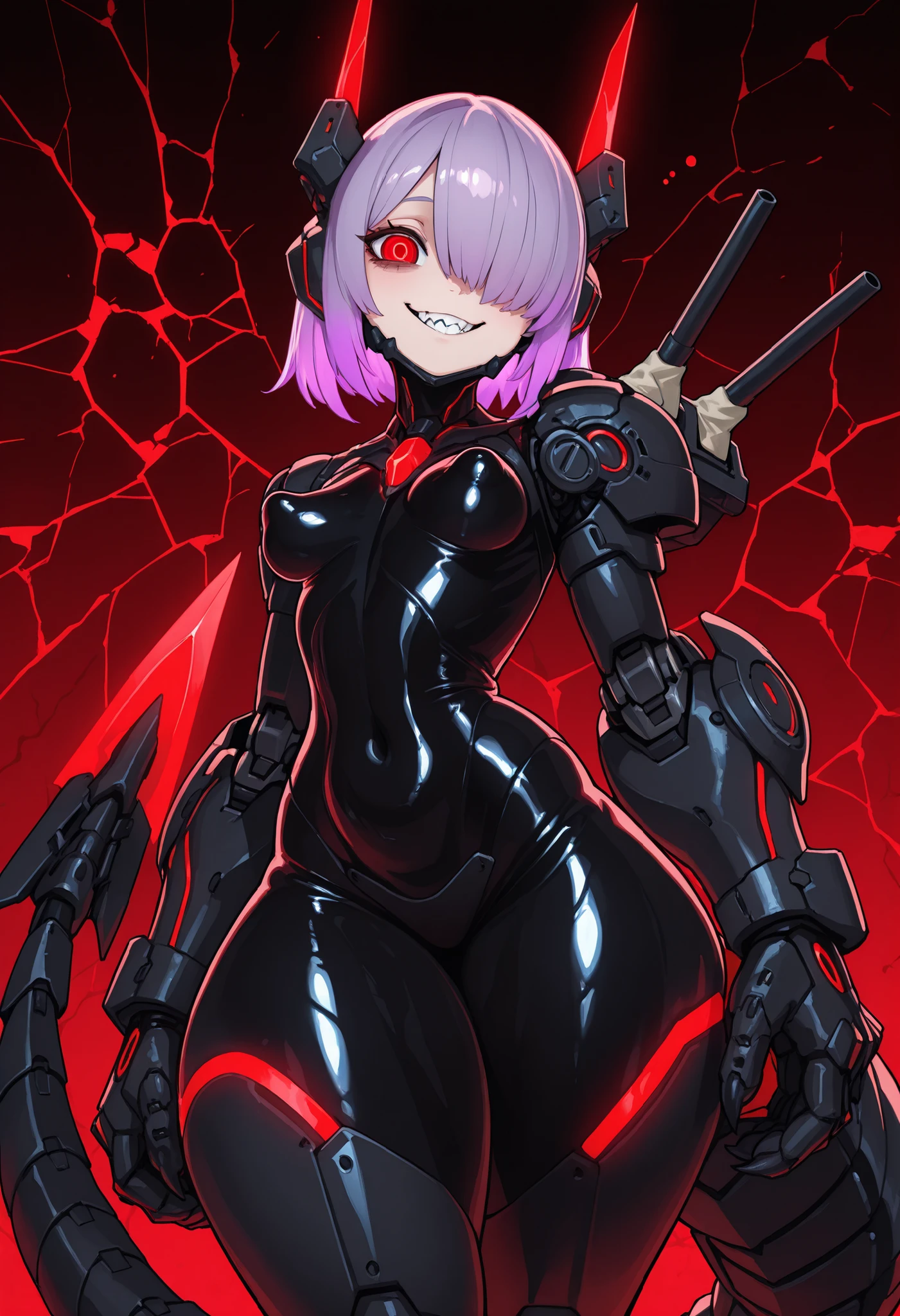 Mechanical weapon girl. Lavender hair. One eye covered. Glowing red eyes. Sleepy eyes. Smiling. Latex covering the chin and cheeks. Black and red image colors. Sci-fi style. Perky breasts. Thick thighs. Slim waist. Mechanical tail. Blade on the tail. Mechanical hands. Big hands. Sharp claws. Turret on shoulder. Main gun. Biological machine. Cracked background.