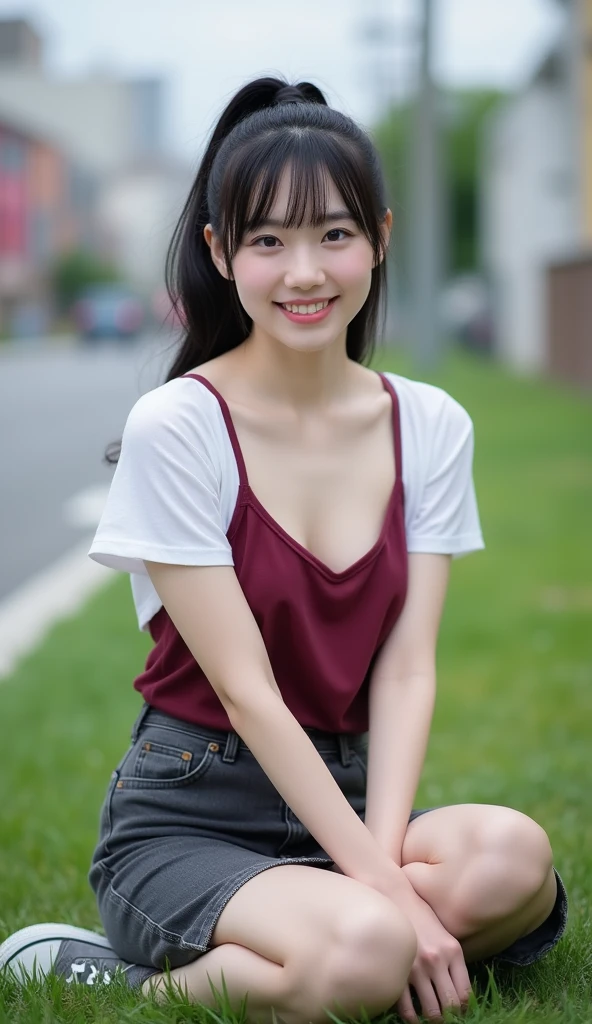masterpiece, best quality, 1 girl, detailed beautiful face, (t-shirt), (flat chest), (small breast), smiling, ponytail, bent over