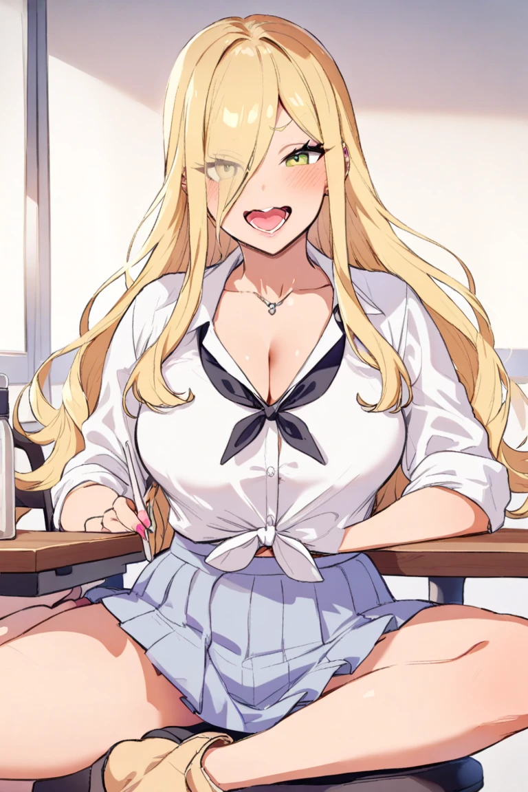 irina jelavic, long hair, choker, blush, lipstick,,jewelry, earrings, Hot girl, baddie, bad attitude, mean girl, crazy, smoking, sensual, attractive, masterpiece, best quality, ((unbuttoned school uniform, cleavage, necklace, earrings, sexy body,
breasts)) , micro skirt, smiling, navel , exposed belly, exposed navel,school,
classroom , hold a gun,knot, holding pistol
