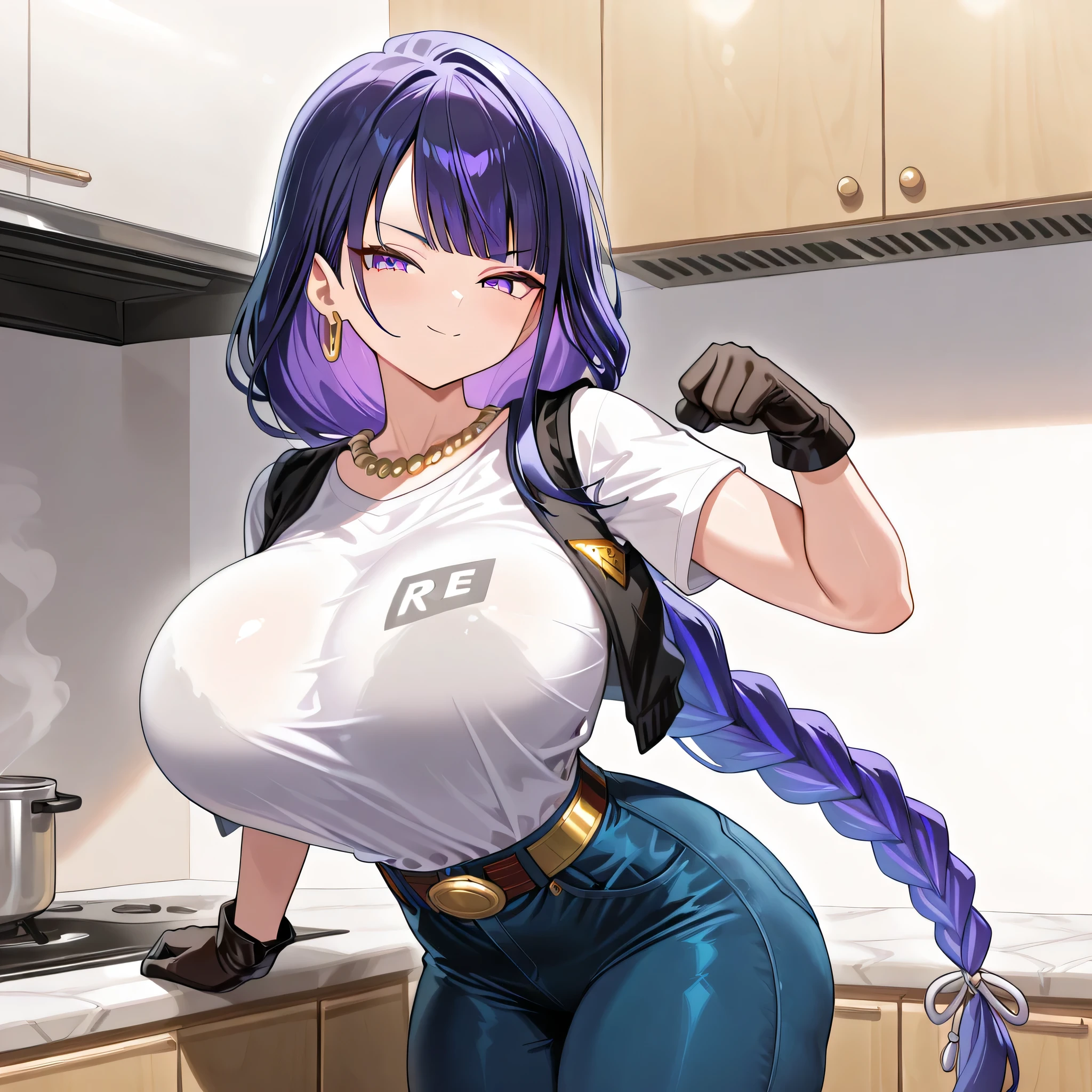 masterpiece, best quality, very aesthetic, absurdres, safe, raiden shogun, beautiful purple eyes ,long braided hair, long purple hair , android 18 costume ,wearing a white t-shirt layered over a black vest-style top. Her pants are light blue jeans with evident stitching and detailing, shirt tucked into pants,and she is wearing a gold-toned buckle belt.She is wearing a gold hoop earring ,gold beaded necklace.Her hands wearing black gloves, ultra very big breast, smile face, sexy pose, fullface body, serious face ,solo woman , anatomical details , drawstring , indoor , best qualit , good eye , sit, apartement, kitchen, look a viewer , plump thighs , perfect background , Oppai / Large breasts slim body , seductive pose , only one woman , perfect big thighs , side , 8k resolution, android 18 costume, big ass, morning theme, windows,