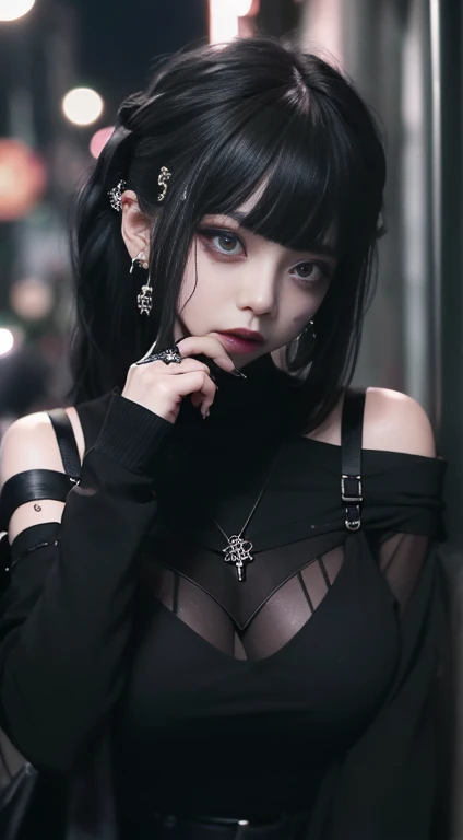 Goth_punk, One girl, alone, Standing、front、whole body、Asian cute、Laugh with your teeth showing、smile、LOL、Medium Shot, Walk through the office, ((at night)), Bokeh, , Black Hair, White eyebrows, Shiny Hair, (Iridescent white hair), Earrings, bangs, jewelry, mask, blunt bangs, Blue Eyes, mouth , Blurred background, hair ornaments, View your viewers, Short Bob Hair, Portraiture, Side Lock