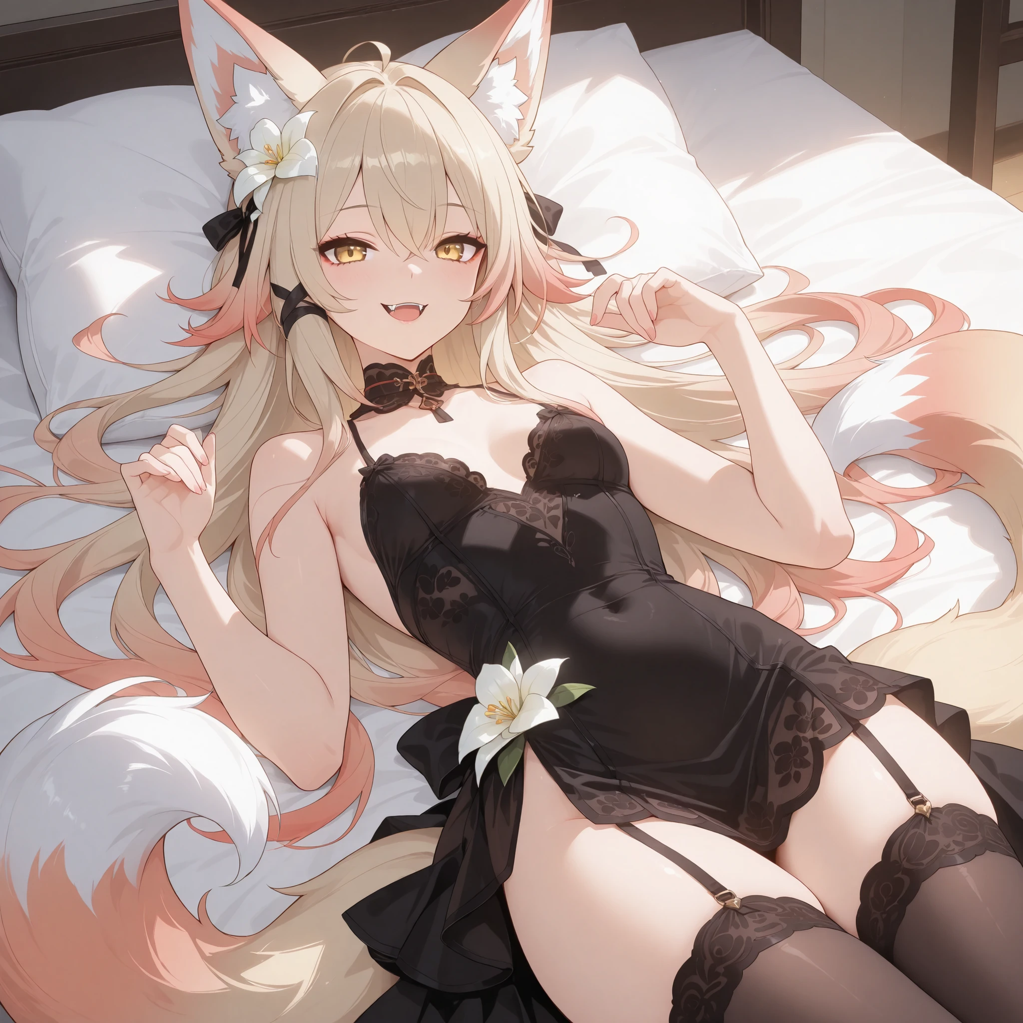 Fox girl, pale blonde hair, Renard, Fox tail, collar, Beautiful, Long Hair, rosy gradient on hair, cat eyeliner, Golden Eyes, small breasts, garter, black lace dress, cheeky, hair ribbon, white lily on hair, alluring, teasing, playful, playful, sexy, cunning, rosy gradient hair, sexy expression, sexy smile, fox fangs, lying back on bed
