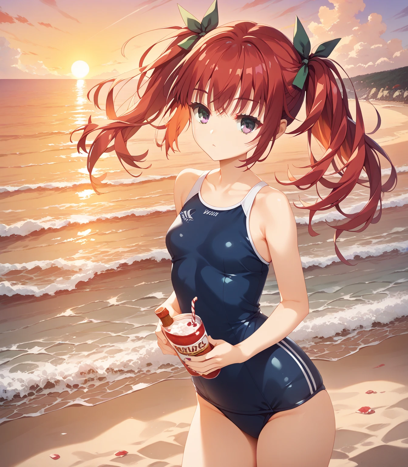 (((masterpiece,best quality,32k))) an image of a cute anime girl with medium red hair, wearing a light summer dress, playing with a colorful beach ball at a sunny beach. She should have big, sparkling eyes and a joyful expression, with the ocean waves and a clear blue sky in the background. ((medium red hair)), ((beach ball)), ((sunny beach)), ((ocean waves)), [clear blue sky]