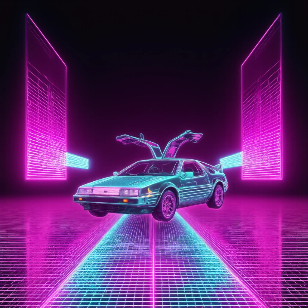 a bright DeLorean vaporwave-style car drives from left to right on a non-existent black road, the road appears from pink bricks in front of it