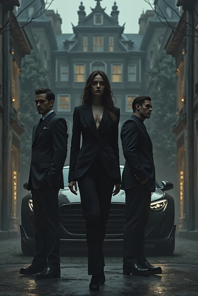 Show mafia 2 girls 2 boys walking away from a crime scene thier faces should not show walk should be confident and classy and dresses aswell all in black