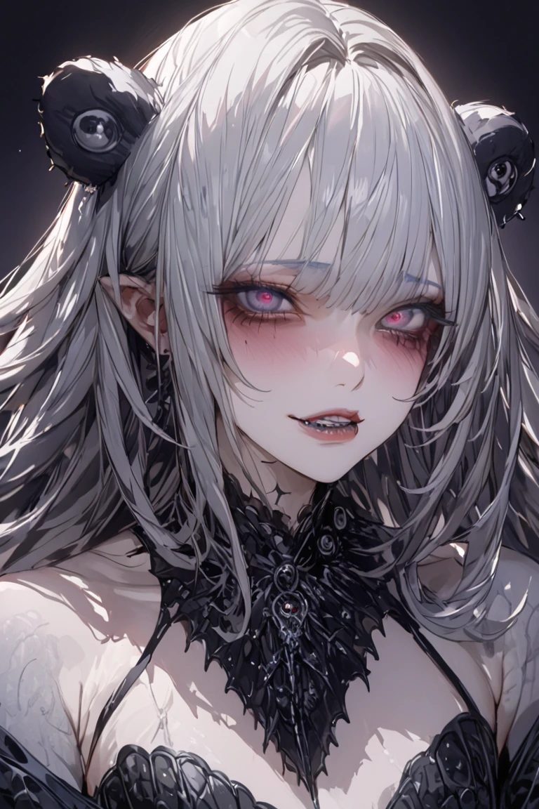 Quality; (((masterpiece))), (((best quality))), ((ultra-detailed)), ((an extremely delicate and beautiful)),((perfect ???????:1.3),extremely detailed cg unity 8k wallpaper,emphasizing beautiful body lines,nsfw,(more_details:1),
Settings; 1girl,
Character;devil girl,very cute,
Body;large brest,collarbone,petite:1.6,slender body,small body:1.6,sheep horns,slim body,
Skin;beautiful skin,(pale skin:1.6),oily skin,glossy skin:1.2,
Eyes; (beautiful detailed eyes),slit pupils,glowing eyes,(I-shaped pupils),blue iris,black sclera, colored sclera,
Face; evil smile,fangs,((sharp teeth)),long tongue,colored tongue,blue tongue,saliva drip,
Hair; beautiful detailed hair,
Clothe;(collar),intricate jewelry,wet,
Composition; (depth of field),face focus,
Background;perfect lighting,
Pose; Open Mouth,tongue out,