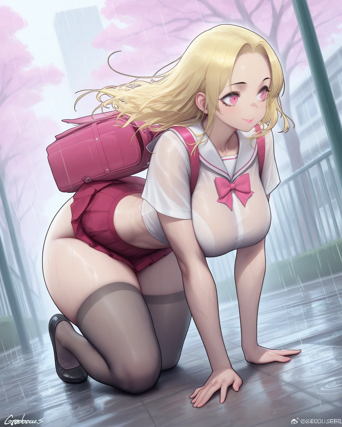 (nsfw),masterpiece,ultra detailed,sharp focus,4k digital art,high resolution,realistic,(v sign with both hands:1.5),(aroused and blushed:1.7),(peeing),tareme,(adult beautiful face,curvy adult body:1.3),(upskirt:1.4),(school cardigan:1.3),dress shirt,black highsocks,(navy and pleated skirt),bow tie,(blonde hair,side ponytail),(dark skin),outdoor,public park,(sweaty:1.2),grinning,(trembling,flying heart-shapes),(squatting and spreading legs),(sexy and laced red undies:1.3),loafers,crowd in background,gigantic breasts,drooling,heart pupils