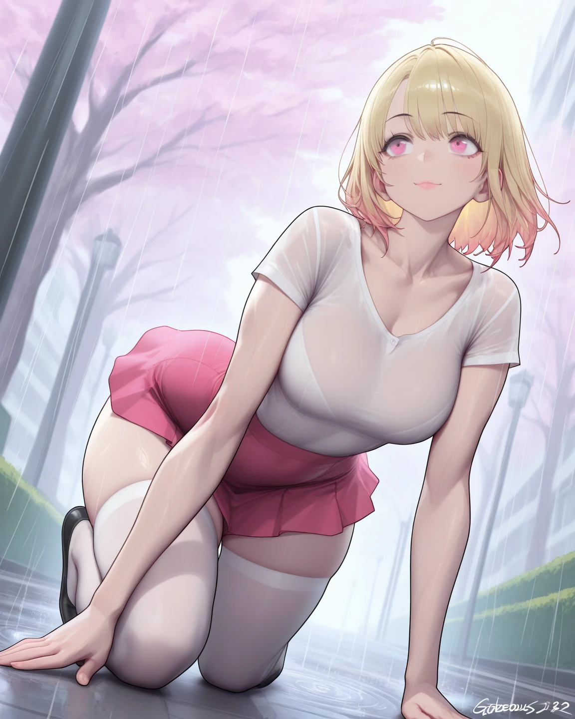 best quality,1girl,((little girl,small breasts,loli:1.3)),curvy,((??????,blush,saliva,saliva trail,ahegao:1.3)),angry,sweat,Sakurai Momoka,blonde hair, short hair, ((white tank top,pink skirt,mini skirt,lift skirt,???????,kneehighs,white panties,lace panties:1.1)),((walking:1.1)),forest,forest林,crotchAngle,head out of frame,lower body,((have to pee:1.3)),covering ??????,(((hand between legs))),knees together feet apart,Pee,Urinating,wet