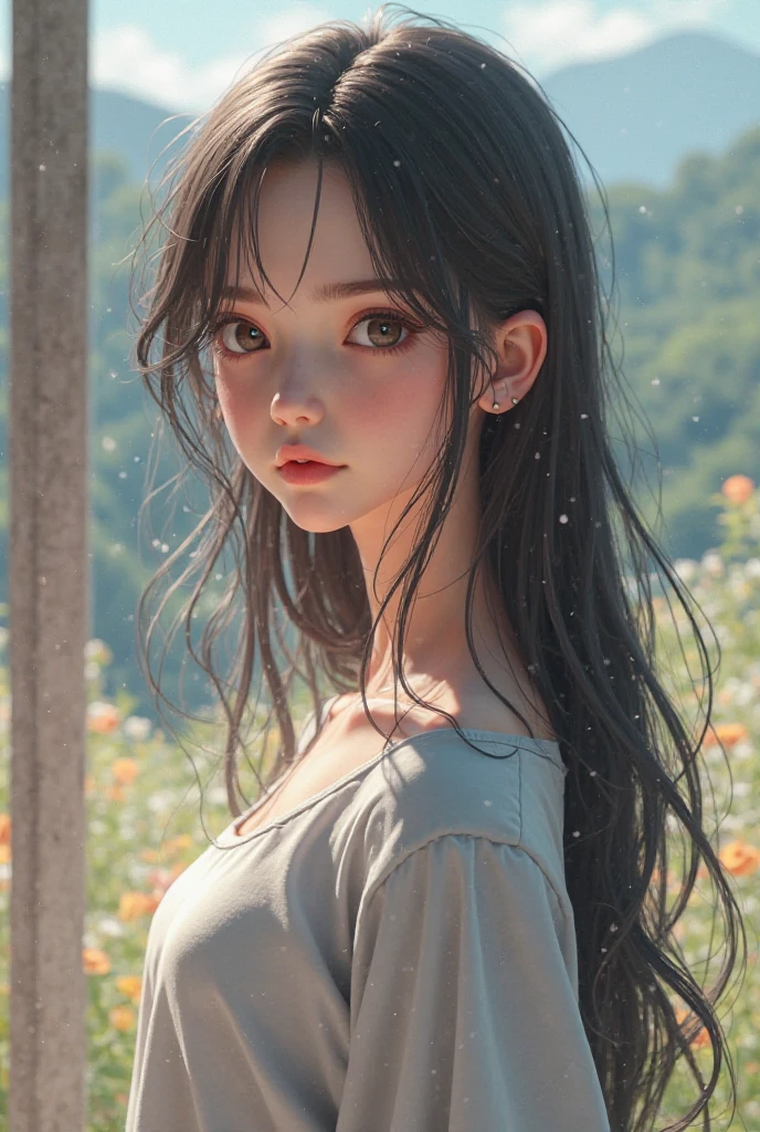 (masterpiece, best quality), depth of field,1girl, finely detailed, high detail,High quality shadow,beautiful detailed,(bokeh:1.5),taken by Canon EOS, SIGMA Art Lens 35mm F1.4, ISO 200 Shutter Speed 2000 , back lighting,
solo, flower, outdoors, letterboxed, day, sky, cloud, sunlight, white shirt, upper body, from side, blurry,blue sky, (high detailed skin, skin details)
medium breasts,looking at viewer, , long hair , short sleeves, parted lips, shirt , brown hair,