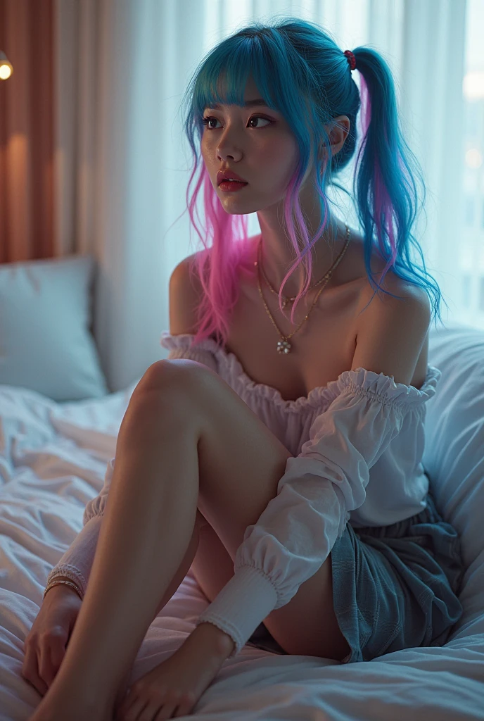 (best quality,8ก,Very detailed:1.2),(CG,CG art,3D rendering),(Masterpiece:1.2),(Crawling on the table),(sexy clotheovie light,of the future),(woman lying in bed,sleep,Close your eyes),(A large window behind her,A quiet night.),(colorful hair:1.5)