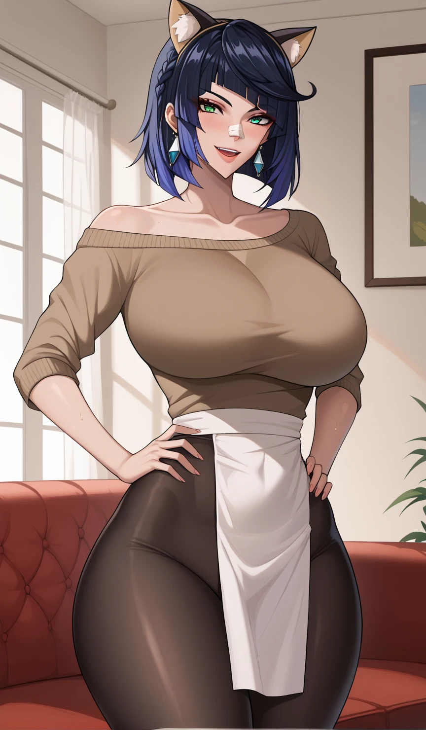 Human, (high detail), (high quality), (ultra high resolution), (extremely busty:1.1), (19 year old), (grocery clerk), at checkout, (short punk hair:1.2), (lip ring:1.1), (clothing stretched tight:1.2), red apron, red baseball visor, (detailed face and eyes:1.2), (detailed skin), (huge breasts:1.1), (busty), (deep cleavage:1.1), (labia outline:1.2), (teat outline:1.2).