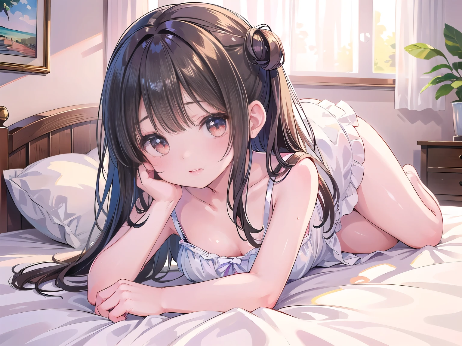 On the bed in the bedroom、Black Hair Girl、Braid、In underwear、White bra and white panties、｟The girl is lying on her back on the bed、Blushing、Staring at the audience