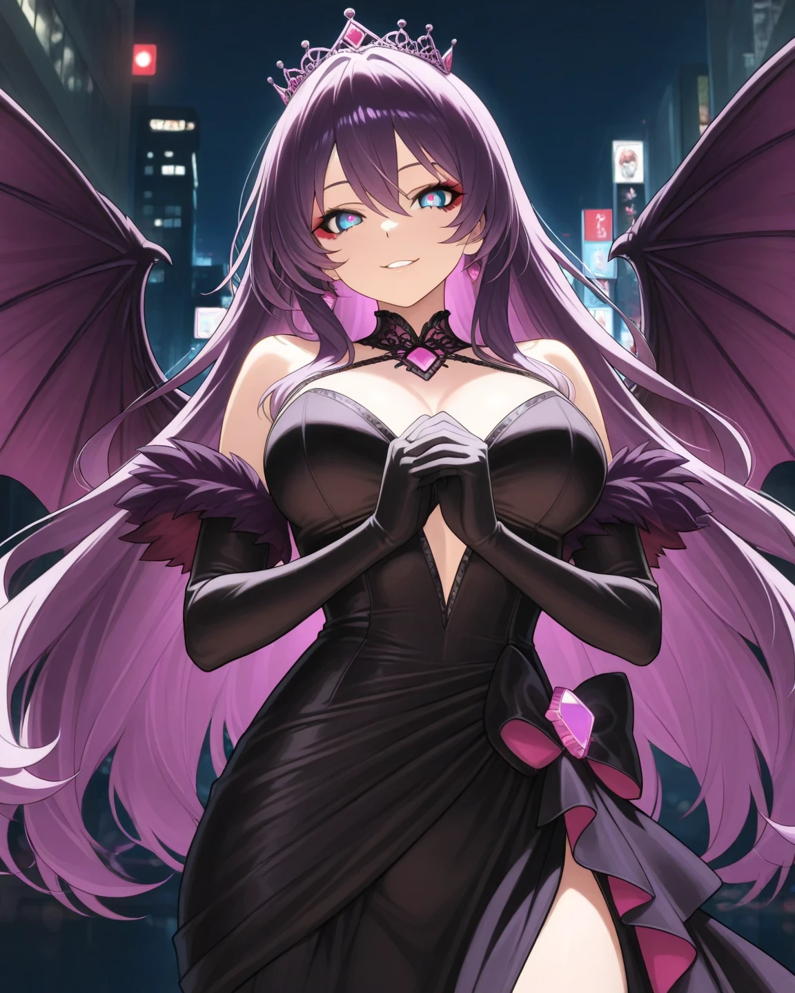 1girl, bat_print, Starfire, animal_print, breasts, print_legwear, pantyhose, head_wings, solo, wings, bat_(animal), leotard, long_hair, moon, night, orange_hair, heart_cutout, large_breasts, jack-o'-lantern, clothing_cutout, full_moon, bat_wings, green_eyes, purple_pantyhose, demon_girl, sitting, smile, looking_at_viewer, bangs, pumpkin, black_leotard, bridal_gauntlets, highleg, highleg_leotard, cleavage, bare_shoulders, purple_wings, purple_lips, makeup, low_wings, fingernails, crossed_legs, lipstick, night_sky, halloween, covered_navel, purple_nails, lips, nail_polish