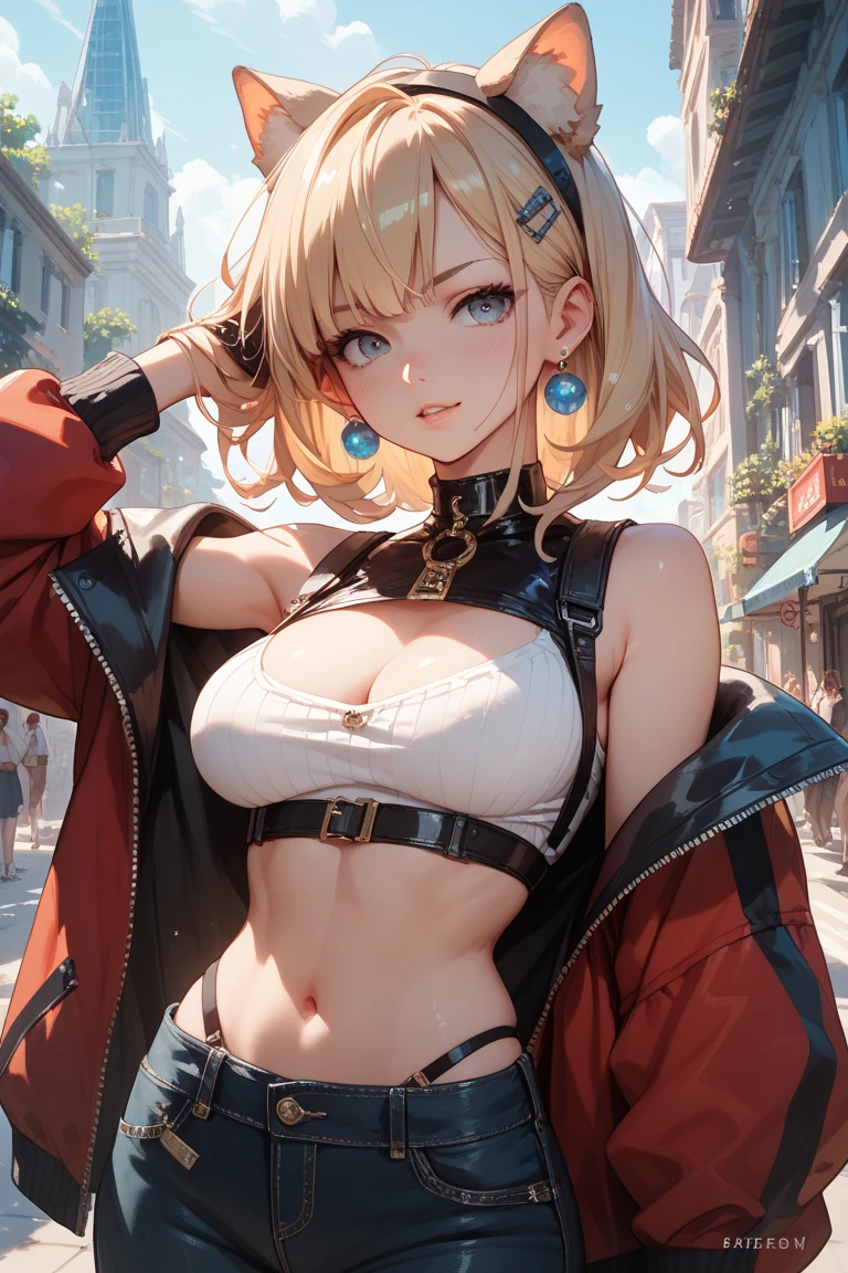 masterpiece, absurdres, best quality, ultra detailed, high Resolution, detailed illustration, extremely beautiful detailed face and eyes, Delicate beautiful face, bright colour, 1girl, cute face, magenta eyes, sparkling eyes, big eyes, medium breasts, (perky breasts:1.1), (pointy breasts:1.1), medium hips, glamorous body, white skin, happy, BREAK, long bob cut, (blonde hair:0.8), messy hair, detailed hair, shiny hair, BREAK cardigan, tiny ribbon, perfect lighting, outdoor,