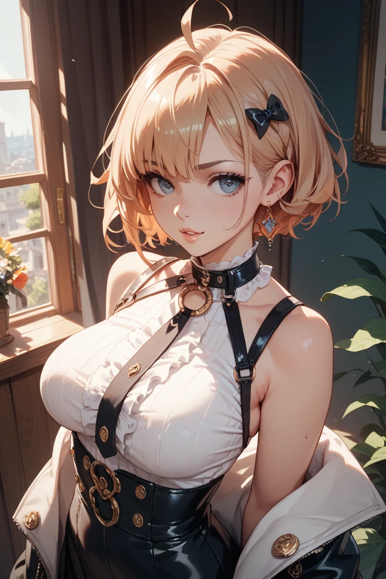 30 years old woman, milf, beautiful, short blonde hair, crimson eyes, pale white skin, amazing Body, big breasts, thick thighs, milkmaid, black super small transparent open dress, without bra, pose simple, blurred background. No blur lines, perfect lines and details, (masterpiece), clothes barely covers her skin. No panties, perfect detailed colors and shadows, full body picture. Erotic woman, ((half naked)), most erotic and sexy girl on the planet, nsfw, most beautiful face,