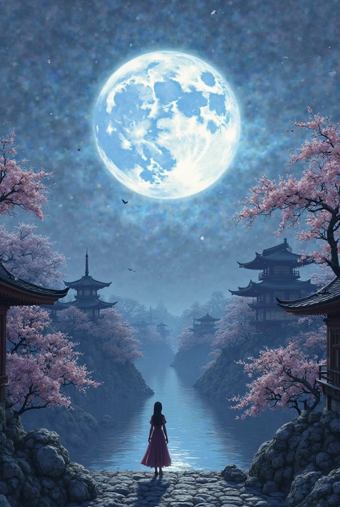 background with a moon in the middle, ancient japanese buildings on the background, sakura trees on the sides