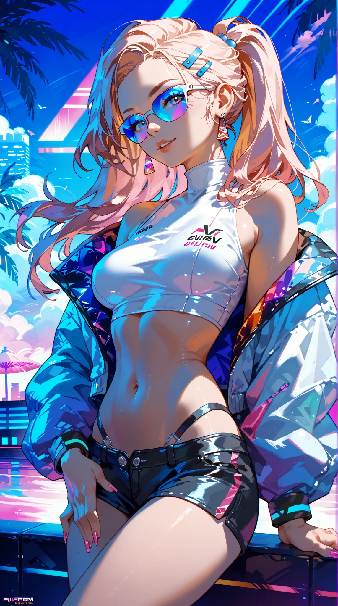 Idol girl, Super beautiful Asian girl with very beautiful violet bright eyes, beautiful multicolored shiny brown hair, Cola de caballo alta, Cuerpo agradable y sexy, cuerpo delgado, cuerpo perfecto, Un anime impreso super apretado fuera de los hombros manga larga crop top, A super aesthetic transparent mini jacket, hermoso adorno para el cabello, Tenis Pink Jordan, Ser fotografiado en una tienda de un centro comercial,( Desnudarse,),More detailed 8K.motor irreal:1.4,UHD,La mejor calidad:1.4, fotorrealista:1.4, textura de la piel:1.4, obra maestra:1.8,obra-prima, mejor calidad,objeto Objeto], (detailed face features:1.3),(manos detailed),((Las proporciones correctas)),((fondo ciudad Tokio cyberpunkAI colors:1.4)),(Ojos hermosos azules), ( Desnudarse, Showing off neon pink panties, mostrando tanga: 1.5),convexo，(Dedos de camello:1.2)，
