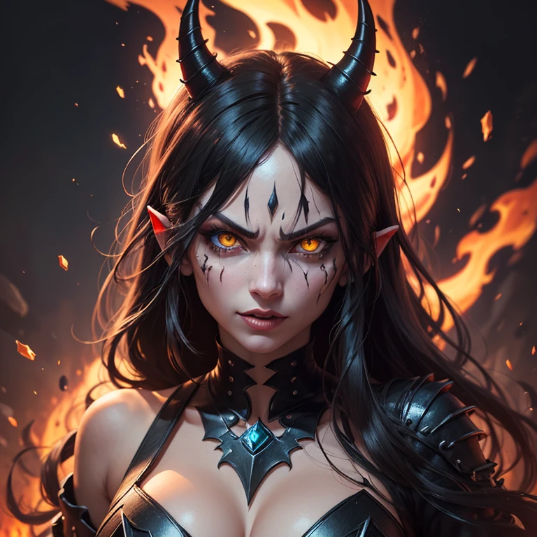 A close-up portrait of a demon woman with molten lava-like cracks on her skin, her fiery yellow eyes glowing intensely. Her horns are jagged and sharp, resembling molten stone, and her expression is one of wrath and destruction, with flames flickering around her face, anime style, women, demon women, cute face, perfect body, perfect smile, REALNIME, Dark Neon Fantasy. Mean, hatefull, angry 