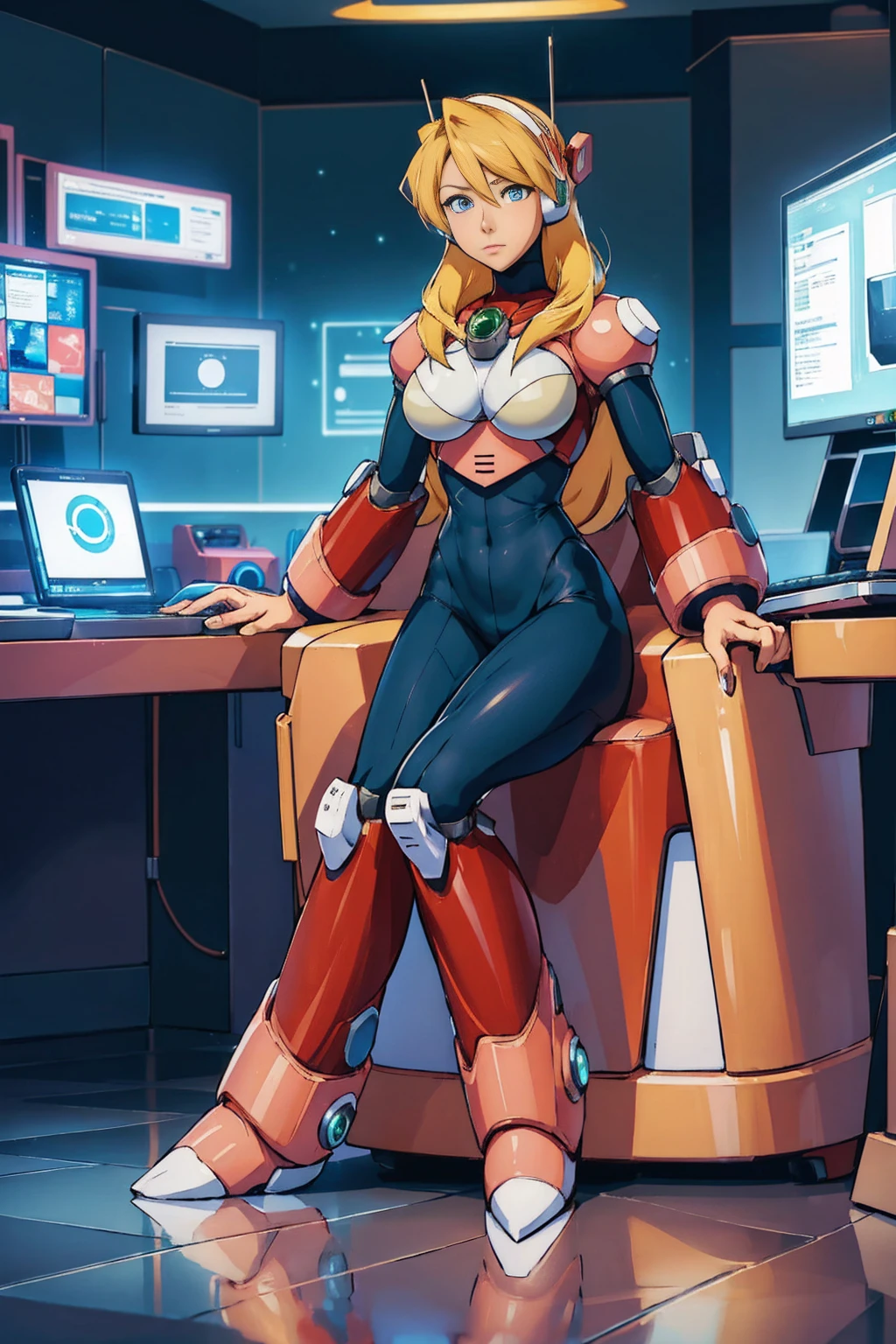 Alia_mega manx, 1 garota, sozinho, seios, olhos azuis, Cabelo loiro, android, Cabelos Longos, robot ears, sentado na cadeira em frente ao computador, laboratory, Parte Mestre, alta qualidade, hentai
