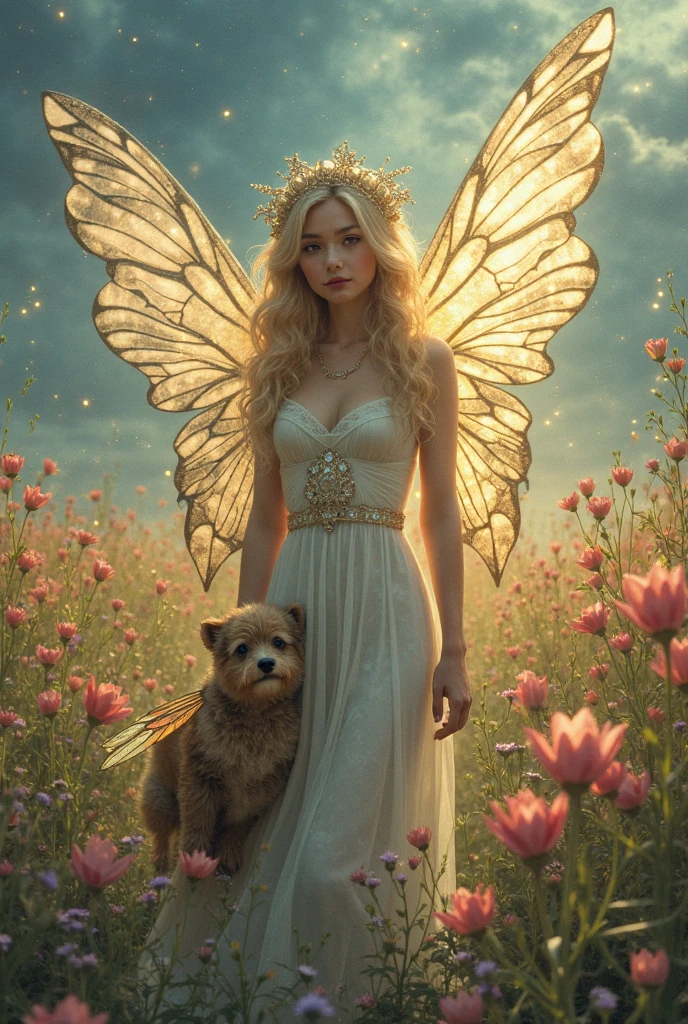 YOUNG SIBLINGS IN FAIRYLAND WITH THEIR GOLDEN RETRIEVER AND LIGHT FAIRIES, NIGHTTIME, NATURE, MOONLIGHT, WEARING PRINCESS CROWNS, 8K, detailed matte painting, deep color, fantastical, intricate detail, splash screen, complementary colors, fantasy concept art, 8k resolution trending on Artstation Unreal Engine 5"