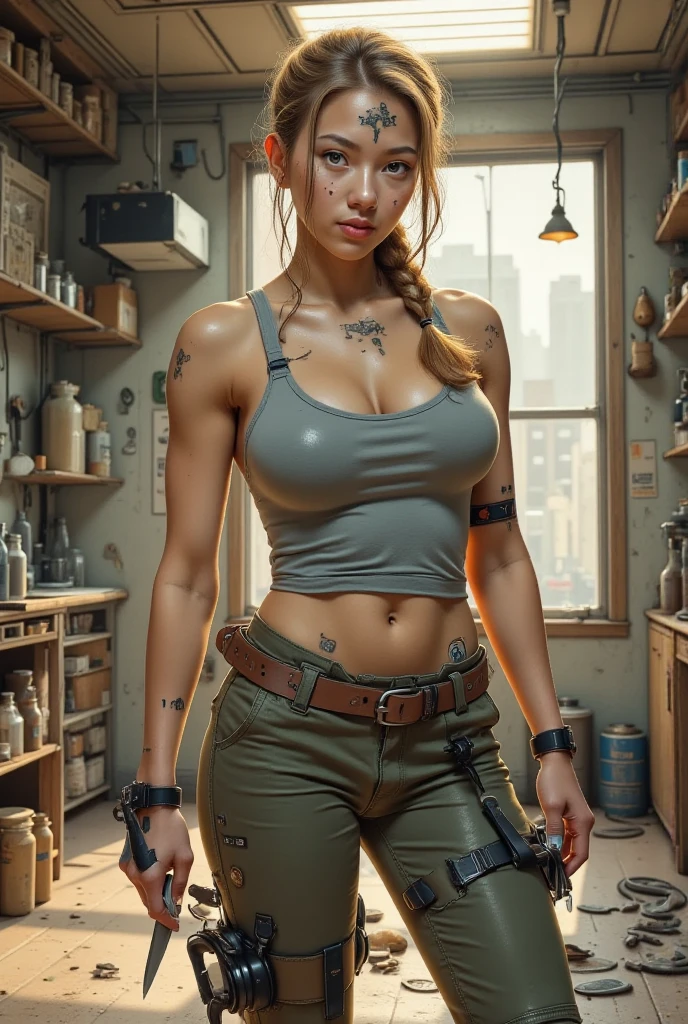 4k highly detailed realistic digital extremely high quality RAW photograph, (A full body photo of Adult Ellie from The last of Us, on her knees), (Beautiful and detailed blue eyes: 1-1), (Showcasing her lovely breasts), sexy pose, drunk, very seductive, seductive, large breasts, perfect breasts, big ass, toned body, muscular body, toned legs, goddess, beautiful, sexy