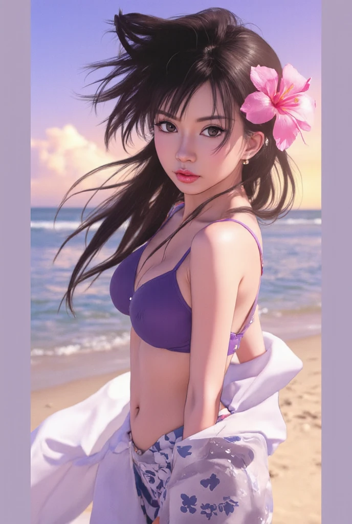 "Stunning sexy woman on the beach in a captivating black and pink floral bralette and shorts."