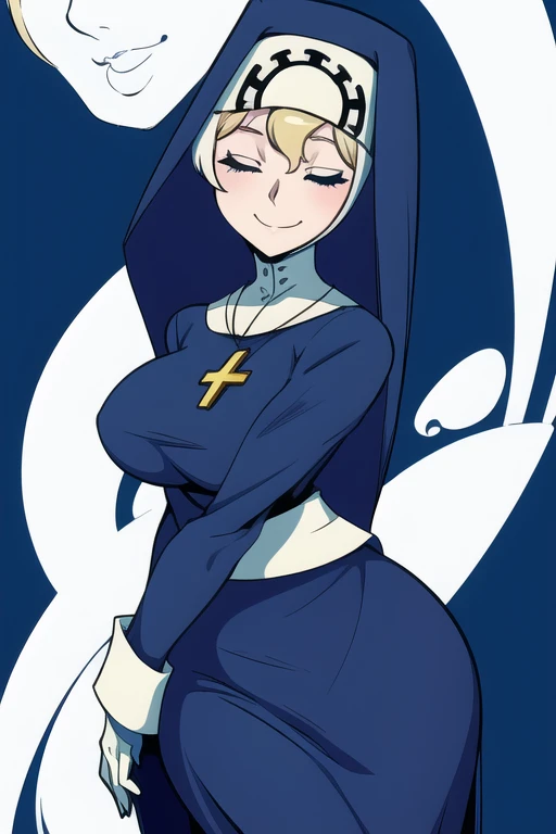 Double, short blonde hair, medium breasts, solo, smiling, cowboy shot, closed eyes,
blue habit, cross necklace ,white gloves, long sleeves, nun,
(insanely detailed, beautiful detailed face,beautiful detailed eyes, masterpiece, best quality) church,