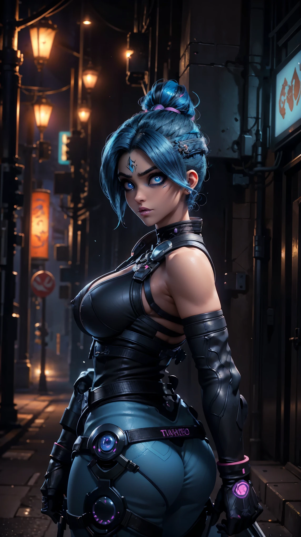 VERY CLOSE, from behind, tilted, portrait of the face, raw, a woman in a futuristic outfit holding an energy sword, neckline, fitted, heroine girl overwatch, beautiful and slim, magical and technological heroine, goddess of sanctuary cyberpunk, with blue hair with orange highlights, hair with braids and a long ponytail, big eyes cristalinos, bright orange eyes, dark blue eyeliner, ninja head protector , Spiritual guide cat behind her, Night, cyberpunk city, Beautiful union of magic and technology, overwatch art style 2, with powers of magic and technology, hyperrealistic skin texture, (make-up: 1.2), (big eyes: 1.5), (big breast scars: 1.2), (Constriction: 1.2), dynamic pose, (top quality, masterpiece, absurd: 1.3)