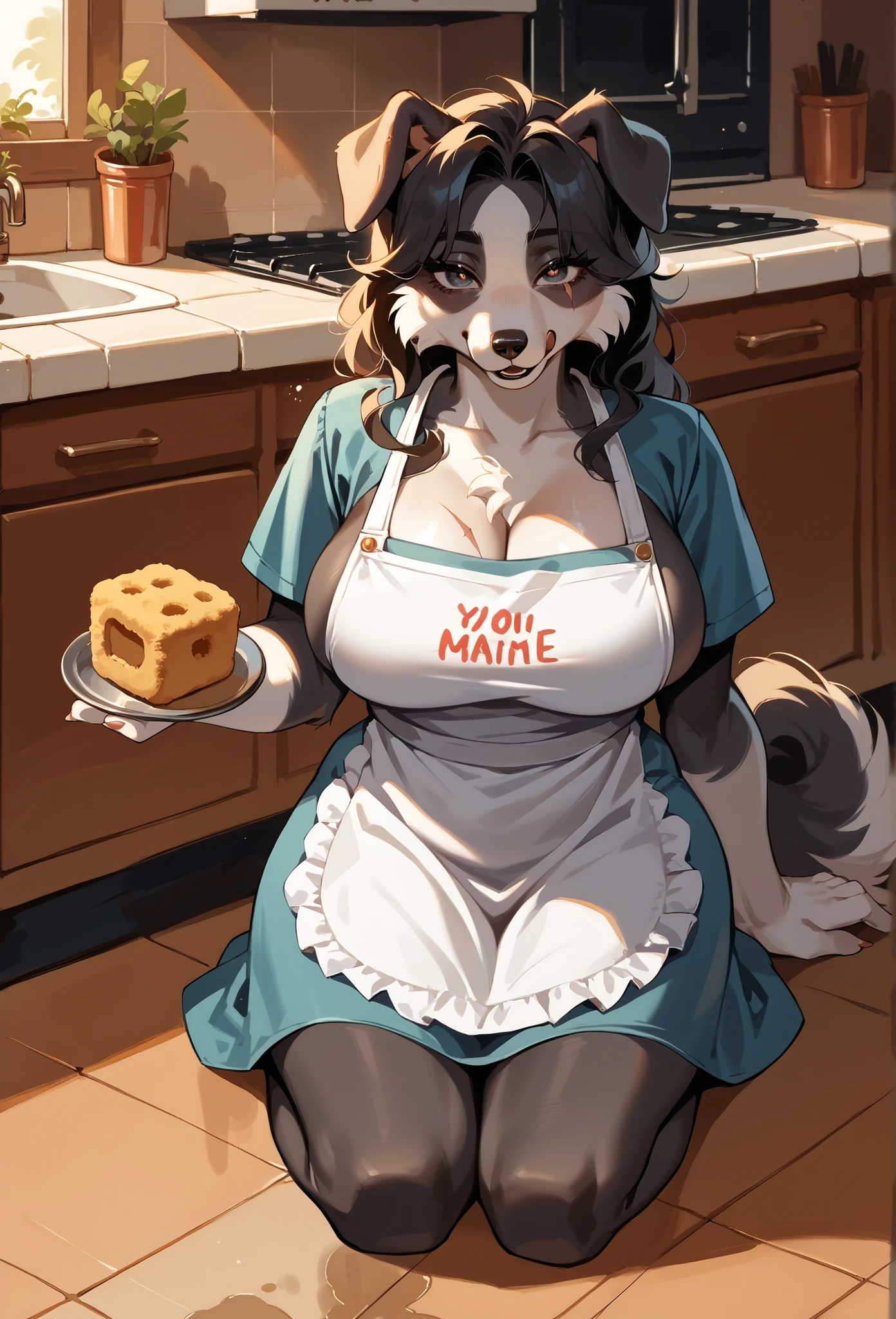 border collie, Alone, feminine, thin body pupils, source: anime, better quality, seductive expression, vintage wife long dress:1.2, apron:1, housewife, anthropomorphic, big breast scars:1, from knees on the floor, cleaning a stain on the floor with your hands and a sponge, looking at the camera.
