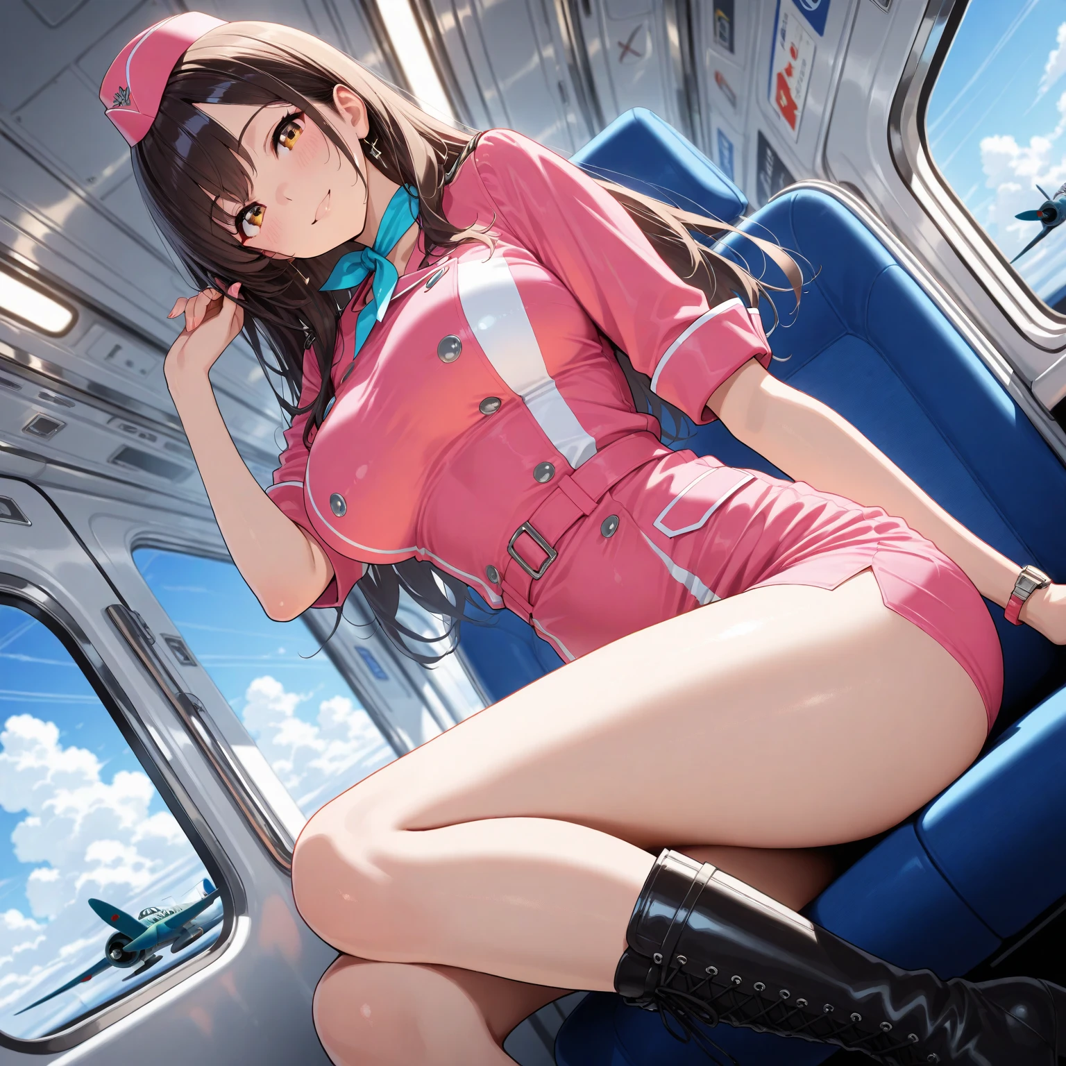 (((masterpiece, Highest quality, High resolution, 超High resolution, Perfect Pixel, Depth of written boundary, 4K, RTTX 10.0))), Beautiful Anime Woman, Beautiful art style, Anime characters, ((Smooth texture, Realistic texture, Anime CG Style)), Exact finger count、Exact number of legs、(Exact number of arms:1.0, Exact number of hands:1.0), (Perfect hands, Perfect Anatomy), Cinematic, Realistic, Extremely detailed CG, Daytime lighting, Perfect lighting, Best Shadow, The best natural light, whole body, Perfect body, バランのとれたPerfect body, Perfectly balanced style, (Slender body:1.2), ((Long Hair, bangs, Reddish brown hair, Stylish hairstyle)), ((A cute woman stands with her hands in her panties:1.8)), (Put one hand in your panties:1.8), (fingering:1.8), (pussy juice:1.5), ((Flight attendant scarf around the neck:1.3), (Black high heels:1.2), (Sexy and cute light blue underwear:1.3), (Stylish shiny light blue satin panties, Side-tie panties, The panties are plain light blue in the center with lace decoration on the sides.:1.3), (Thin panties:1.3), (Light blue micro lace satin bra, Light blue bra with lace trim, Thin bra:1.3), (garter belt, Black knee socks:1.3):1.3), (Beautiful big , Cleavage:1.1), (Embarrassed expression:1.4), blush, (sexual pleasure expression:1.5), (The expression of someone who is holding in the toilet:1.4), (Look up, Mouth half open, Half-close your eyes:1.2), (Inside a passenger plane, Cabin aisles, The aisle between the seats on an airplane:1.5), naked, In underwear, Cabin attendant in underwear, whole body, Angle from the front, chizuru