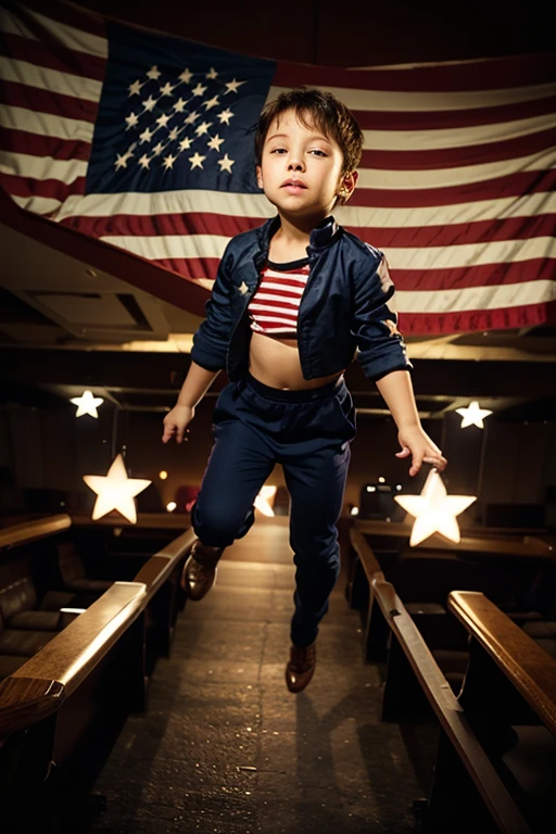 Create a scene where an adorable baby is dressed in an American Face costume outfit, and walks confidently down the runway, smiling, showing off his ultra-realistic fashion sense. ultra-realistic 4k moving camera