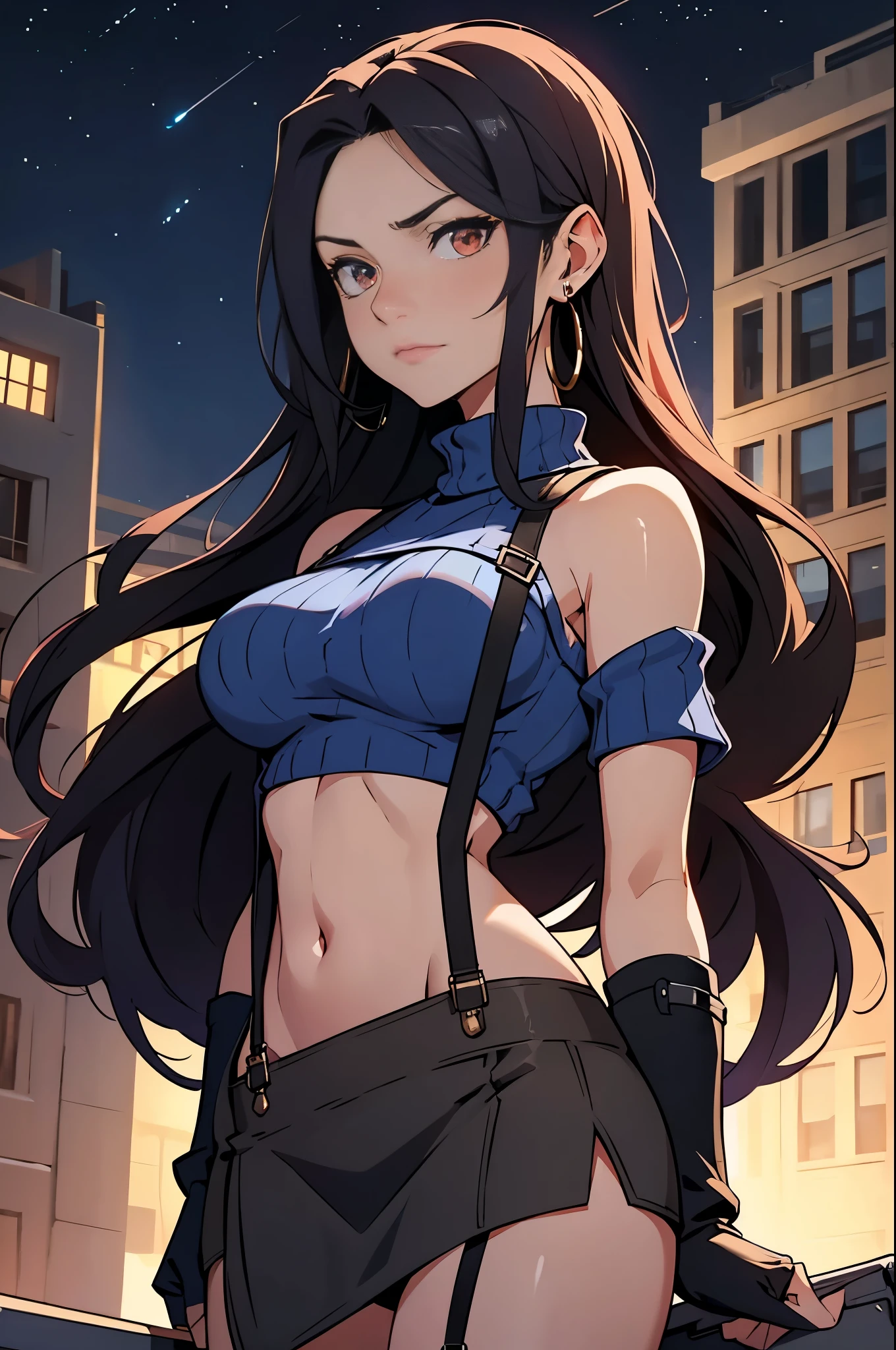 (masterpiece, best quality: 1.2), cowboy shot, solo, 1girl, yaoyorozu momo, anime screencap, city, long hair, black hair, gray eyes, looking at the viewer, lustful, closed mouth, ass, wide hips, short shirt, short shorts, unbuttoned shorts, erotica, back