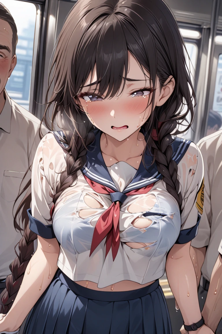 (Very small girl rides guy perfectly:1.5)、(Straddling Girl:1.3)、(Big Breasts:2)、(eyes half closed:1.3)、(A face in love:1.4)、(tears:1.3)、(The body shakes violently)、8K resolution、 ((Highest quality))、Anatomically correct、(High School Uniform:1.9)、((Hasselblad Photos))、[:(Detailed face:1.2):0.2]、(heavy rain:1.5)、(Sweaty:1.6)、(Squat:1.4)、(Intense sex:1.9)、(hollow:1.6)、(Dripping a lot of semen from the vagina:1.6)、(Groping the chest:1.6)、(Several middle-aged men:1.6)、(Spread your arms wide:1.4)、(Front view:1.9)、(Braiding hair:1.5)、(Loss of strength from the body:1.3)、(Breast milk production:1.6)、(Knee socks)、(hat)