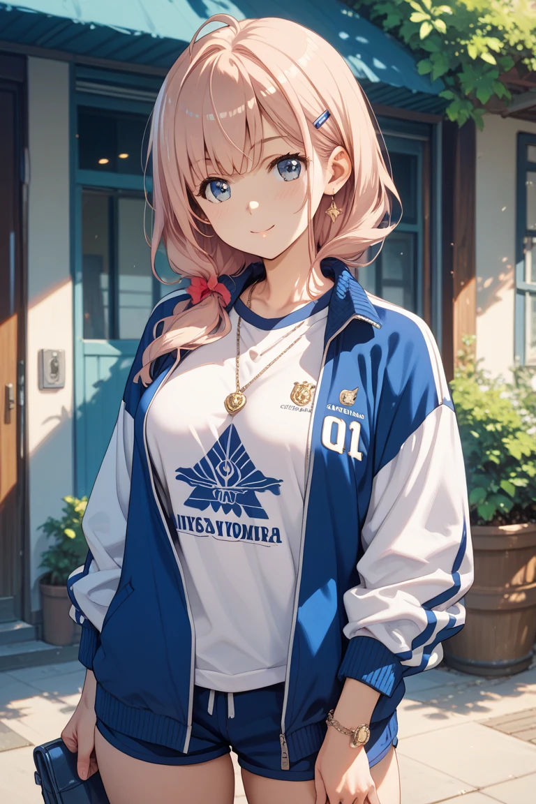 (masterpiece, best quality:1.5),<lyco:Chieru-v7-000015:1>,chieruschoolfestival,bow,red bow,star \(symbol\),star hair ornament,hair ornament,hair bow,hair band,bow hairband,plaid bow,shirt,shorts,gym uniform,red shorts,jacket,1girl,solo,looking at viewer,(smug:1.2),indoors,gym,(gym storeroom:1.2),
