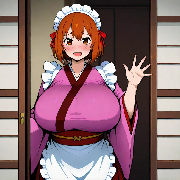 official art,anime screen cap、Super thin illustration、 High resolution, muste piece, best quality,best quality,high quality, detailed, thighs, Foots, (red hair、:1.2)、 shiny hair, (Chinese style dress cosplay uniform suit), cool pose, (厚いthighs、big ass、very huge breasts),(((bar)))、grinning grin、ultra fine painting, (best quality, In 4K, 8K, High resolution, muste piece:1.2),Gintama、Kagura